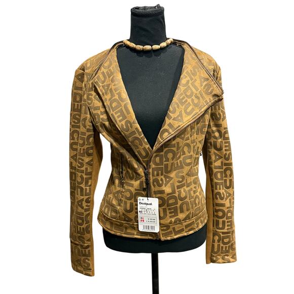 NWT Desigual Chaq_Lou Brown Logo Print Faux Suede Moto Jacket Size 40 (M) - Picture 11 of 16